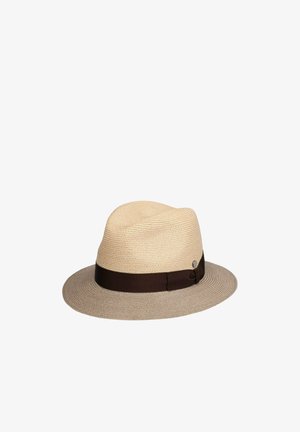 Light beige straw fedora hat with a dark brown ribbon band around the base and a small metal emblem on the side.