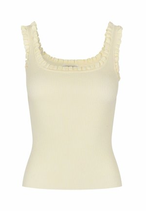 Cremefarbenes, geripptes, ärmelloses Stricktop mit Rüschensaum entlang des quadratischen Ausschnitts und der Schulterriemen.