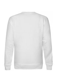 Bijela dukserica sa okruglim izrezom, napravljena od mekanog pamuka, s dugim rukavima, rebrastim završecima i glatkom, neukrašenom stražnjom površinom.