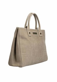 Beige faux leren tas met gestructureerde vorm, dubbele handvatten, voorvak en stiksels. Gladde textuur met minimale accenten.