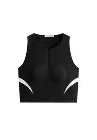 Čierny športový crop top so zipsom vpredu, s bielymi zakrivenými akcentmi po stranách. Vyrobený z hladkej, elastickej tkaniny.