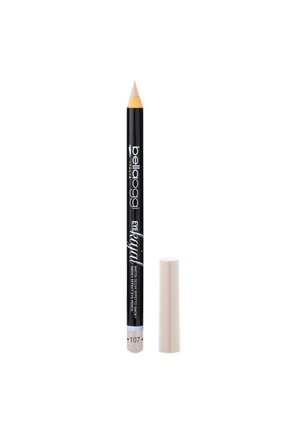 Matita per occhi nera e argento con punta appuntita, etichettata "bellaoggi", accompagnata da un cappuccio beige, progettata per effetti smoky eye.