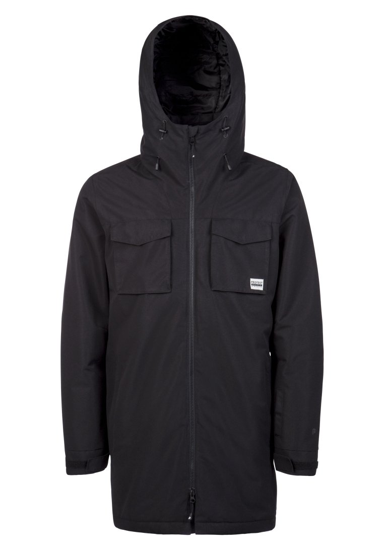 Veste noire à capuche en tissu durable, dotée d'une fermeture éclair à l'avant, de deux grandes poches poitrine et de poignets ajustables. Finition lisse et texturée.