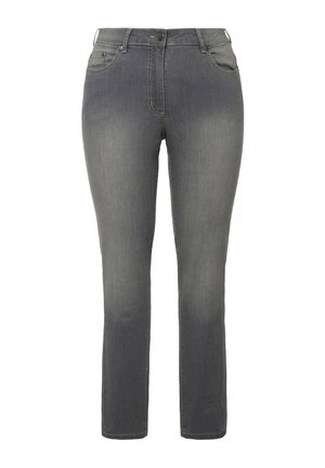 Jean gris à jambes droites avec boutons à l'avant, fermeture éclair, passants pour ceinture et design à cinq poches, présenté sur un fond blanc.