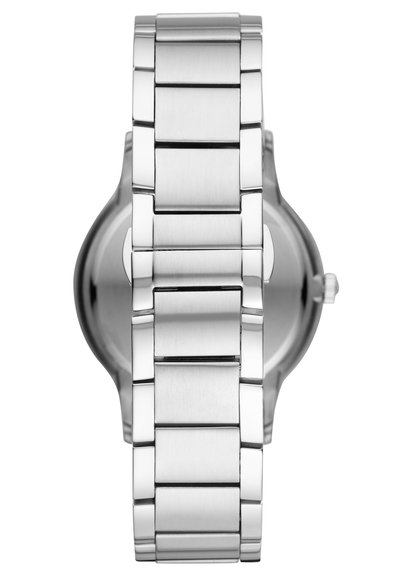 Silverfärgad klocka i rostfritt stål med en slät, polerad yta, utrustad med en länkdesign och en rund urtavla.