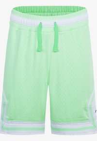 Světlé zelené sportovní kraťasy s mřížkovou texturou, elastickým pasem, nastavitelnou šňůrkou a bílými pruhy podél lemování.