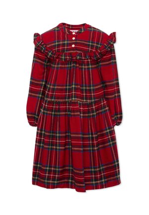 Vestido de cuadros rojos de manga larga con detalle de volante en el pecho y tres botones blancos en el escote.