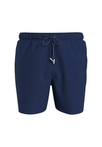 Shorts da bagno blu navy realizzati in tessuto liscio, dotati di una cintura elastica e di un laccio con punte in metallo per la regolazione.