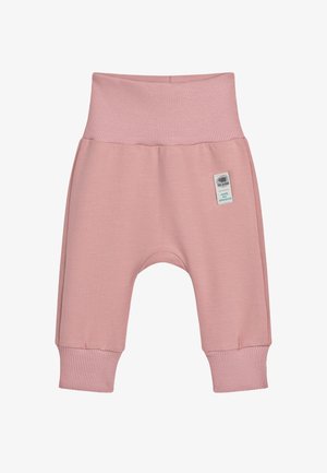 Helle rosa Babyhosen mit einem gerippten Bund und Bündchen, mit einem kleinen Etikett mit Text. Weiches Material und lässige Passform.