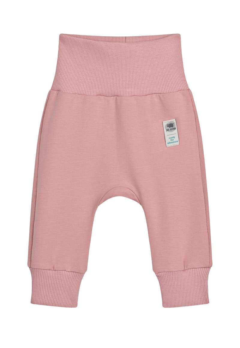 Lichtroze babybroekjes met een geribde tailleband en boorden, voorzien van een klein label met tekst. Zachte stof en een comfortabele pasvorm.