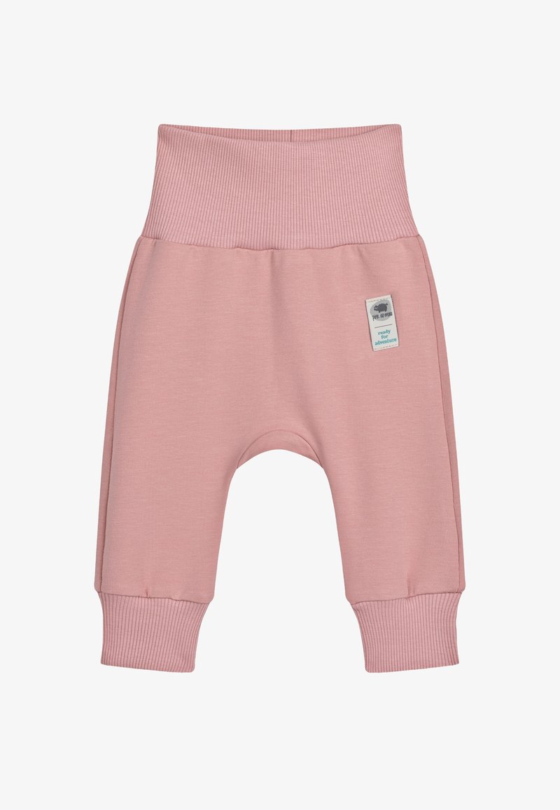 Helle rosa Babyhosen mit einem gerippten Bund und Bündchen, mit einem kleinen Etikett mit Text. Weiches Material und lässige Passform.