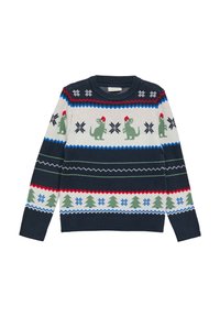 Sweter z okrągłym dekoltem, w kolorze granatowym, z festiwalowymi wzorami dinozaurów, płatków śniegu i drzewek w kolorze zielonym, czerwonym i białym na całej powierzchni.