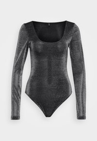 Svarte langermede bodysuit med rund hals, laget av glitrende teksturert stoff, har en figurnær passform og høyt utdelte benåpninger.