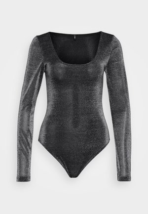 Black long-sleeve bodysuit with a scoop neckline, made of sparkly textured fabric, features a fitted shape and high-cut leg openings.
