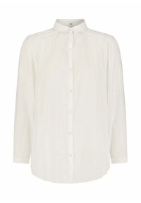 Camicia bianca con bottoni realizzata in tessuto leggero. Presenta un colletto classico, maniche lunghe con polsini a bottone e un orlo leggermente curvo.