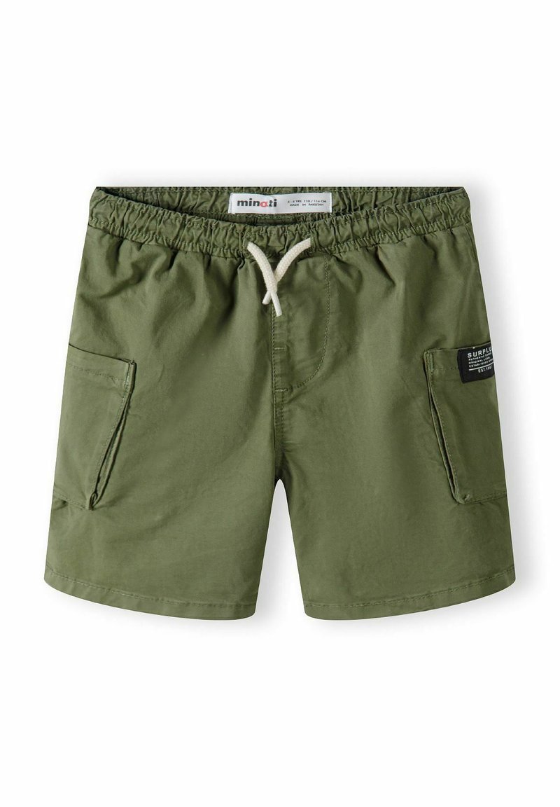 Costumi da bagno verde oliva con cintura elastica, chiusura con cordino e due tasche laterali. Texture morbida con finitura opaca.