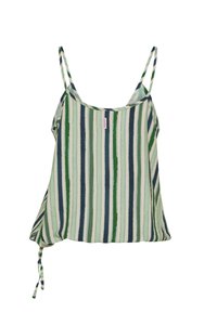 Bezrękawnik w paski w kolorach zielonym, niebieskim i białym, z cienkimi ramiączkami i ozdobnym wiązaniem po bokach.