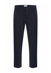 Navy chinos featuring a straight-leg design, button closure, two front pockets, and a smooth cotton blend fabric.