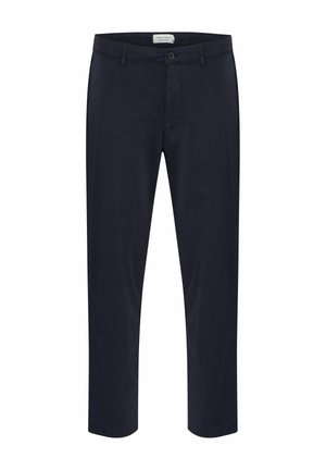 Navy chinos med rett ben-design, kneppeåpning, to frontlommer, og et glatt bomullsblandingsstoff.