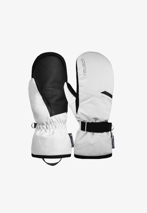 Witte softshell wanten met zwarte leren handpalmen, elastische manchetten en verstelbare sluitbanden. Opvallende stiksels en merkaanwezigheid.