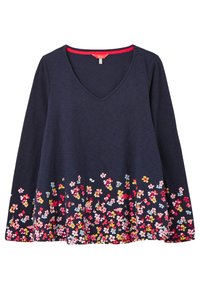 Sjötöja med lång ärm i marinblått och v-ringning, med ett färgglatt blommönster i fållen. Tyget har en mjuk textur. Röd detalj vid halsringningen.