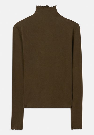 Brown long-sleeve ribbed knit top with mock neck and subtle lettuce-edge trim on collar, cuffs, and hem.