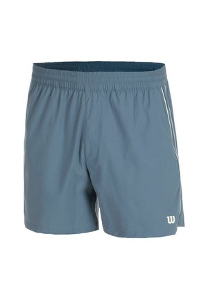 Blaue Sportshorts mit elastischem Bund und kleinem weißem Logo am unteren rechten Bein, mit dezenten weißen Seitenstreifen.