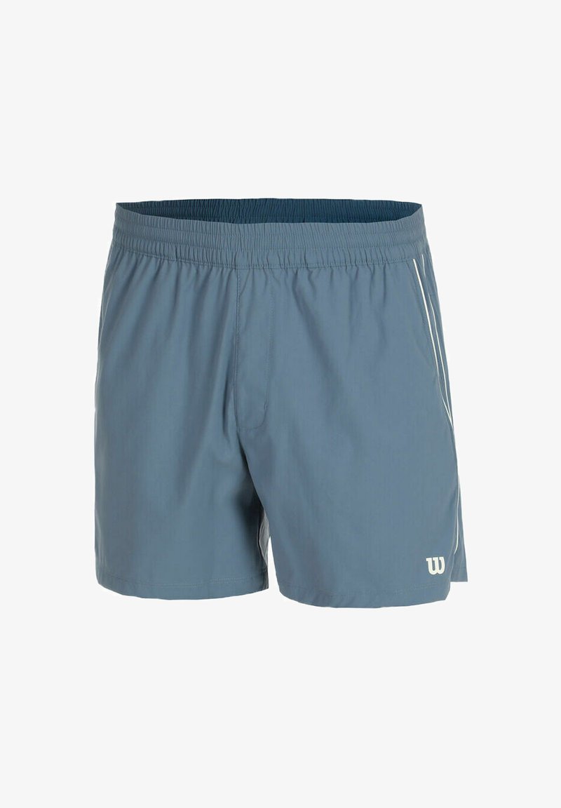 Shorts de sport bleus avec ceinture élastique et petit logo blanc sur la partie inférieure de la jambe droite, avec des bandes latérales blanches subtiles.