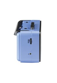 Portable cassette player in light blue plastic with a black top. Features include volume dial, buttons, and audio port on the side.