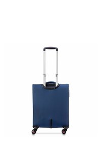 Valigia rigida di colore blu navy con manico telescopico in alluminio, quattro ruote e superficie testurizzata. Presenta una maniglia sulla parte superiore per il trasporto.