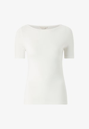 Witte aansluitende t-shirt met korte mouwen en een ronde halslijn. Gemaakt van zachte, gladde stof met minimale naden en zonder patronen.