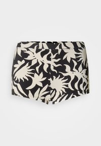 Calções de banho pretos e creme com padrão, tecido texturado, corte curto e design floral audacioso com formas e tamanhos variados.