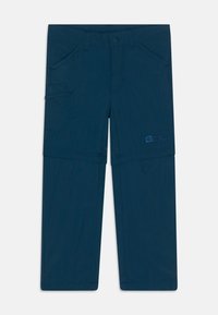 Navy blue, lightweight, zip-off pants with a smooth texture, multiple pockets, and embroidered logo detail on the lower leg.