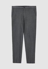 Pantaloni grigi a motivo a spina di pesce con frontale liscio, due tasche laterali e chiusura a bottone. Il materiale sembra liscio e strutturato.