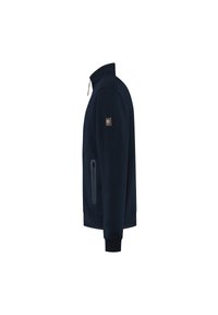 Marineblauwe ritsjack met hoge kraag, ritssluiting zijzak, ribgebreide manchetten en een klein embleem op de bovenarm.