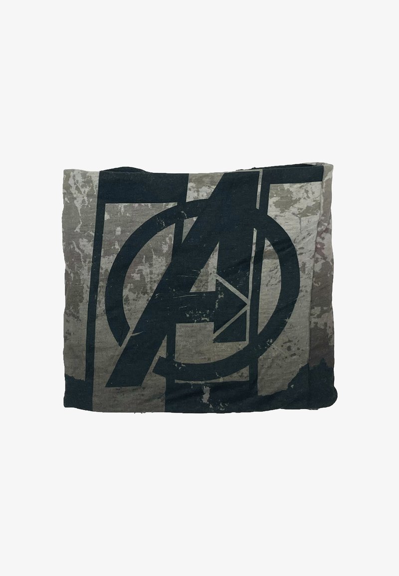 Zwart en grijs katoenen plaid met een verweerd Avengers-logo ontwerp, voorzien van geometrische elementen en een textuur achtergrond.