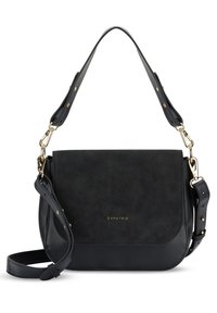 Svart konstläder crossbody-väska med en vikbar flik, guldlogotyp, justerbar rem och golddetaljer. Slät textur, minimalistisk design.