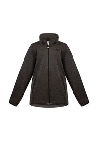 Giacca in pile grigio scuro con colletto alto, chiusura frontale a zip, due tasche laterali e logo sul petto. Texture morbida con leggero motivo.