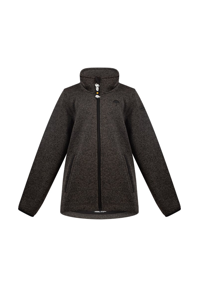 Giacca in pile grigio scuro con colletto alto, chiusura frontale a zip, due tasche laterali e logo sul petto. Texture morbida con leggero motivo.