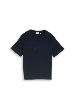 Navyblauw T-shirt met korte mouwen en ronde hals, voorzien van een subtiel geperst logo op de voorkant en een stoffen label bij de halslijn.