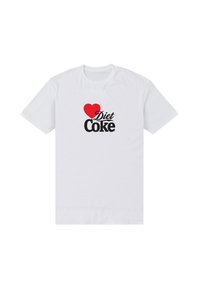 Bílý bavlněný tričko s výrazným červeným srdcem a nápisem "Diet Coke" v černé barvě, s krátkými rukávy a kulatým výstřihem.