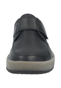Black leather shoe with a textured surface, featuring a wide Velcro strap and a chunky gray rubber sole. Front view showcases clean lines.