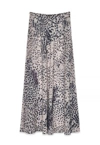 Ilgas sijonas pagamintas iš lengvos medžiagos, pasižymintis šviesiai rudos spalvos pagrindu su tamsiais taškeliais. Sraigtinis, klostuotas dizainas su subtiliu blizgesiu ir minkšta tekstūra.