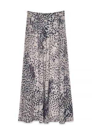 Maxirock aus leichtem Stoff, mit beigem Grund und dunklem gepunktetem Muster. Fließendes, plissiertes Design mit subtiler Eleganz und weicher Textur.