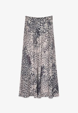 Maxirock aus leichtem Stoff, mit beigem Grund und dunklem gepunktetem Muster. Fließendes, plissiertes Design mit subtiler Eleganz und weicher Textur.