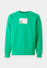 Felpa verde in misto cotone con scollatura a girocollo a costine, maniche lunghe e stampa grafica rettangolare sul davanti.
