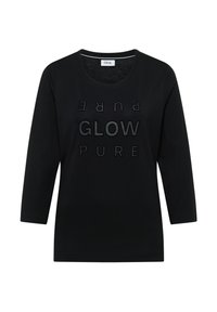 Czarna longsleeve z długim rękawem i okrągłym dekoltem. Posiada wypukły, tonalny nadruk: "GLOW", "PURE" oraz "PURE" w sekwencyjnym pionowym układzie.