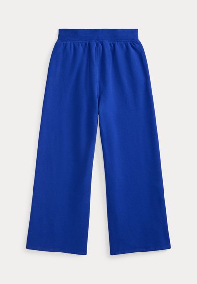 Μπλε παντελόνι με φαρδιά πόδια και ελαστική μέση, κατασκευασμένο από απαλό, ελαφρύ ύφασμα, με λεία υφή και χωρίς επιπλέον σχέδια.