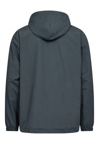 Dunkelgraue, leichte Kapuzenjacke mit elastischen Bündchen und Saum. Glatte Textur, keine sichtbaren Muster oder Hardwaredetails. Schlichte Rückansicht.