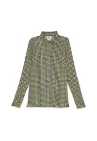 Camicia a maniche lunghe con bottoni realizzata in tessuto leggero, caratterizzata da un motivo geometrico in verde, viola e bianco. Colletto e vestibilità sagomata.